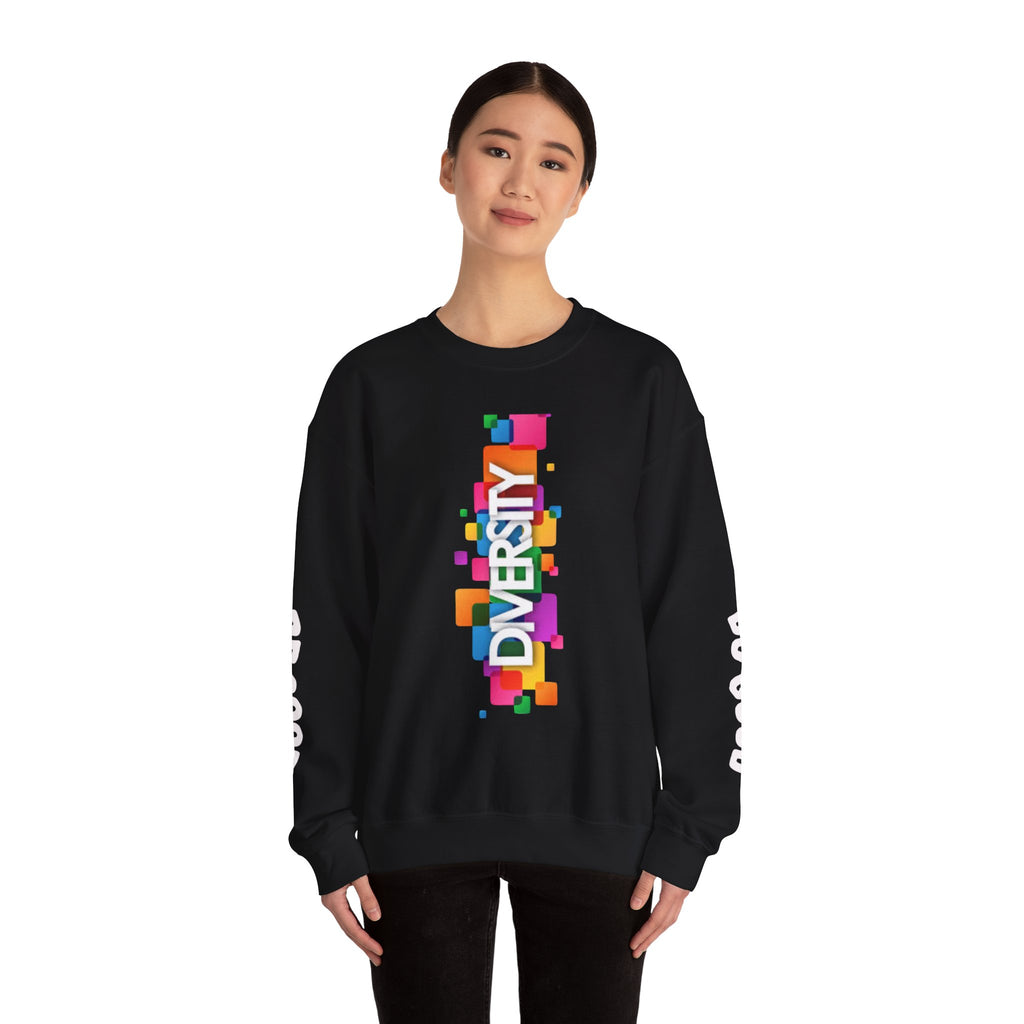 Diversity Crewneck Sweatshirt — Colorful Vertical "DIVERSITY" Pride Graphic