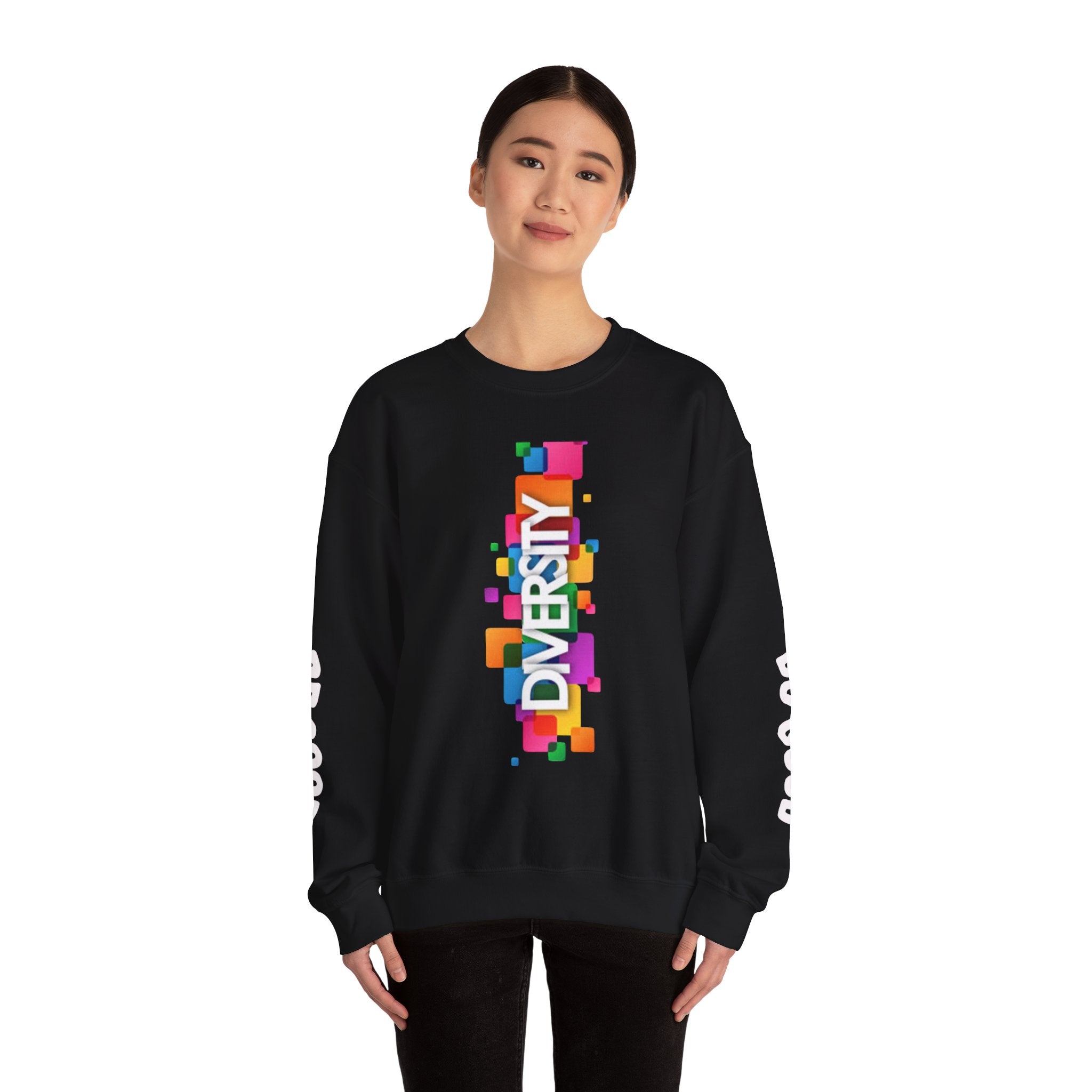 Diversity Crewneck Sweatshirt — Colorful Vertical "DIVERSITY" Pride Graphic