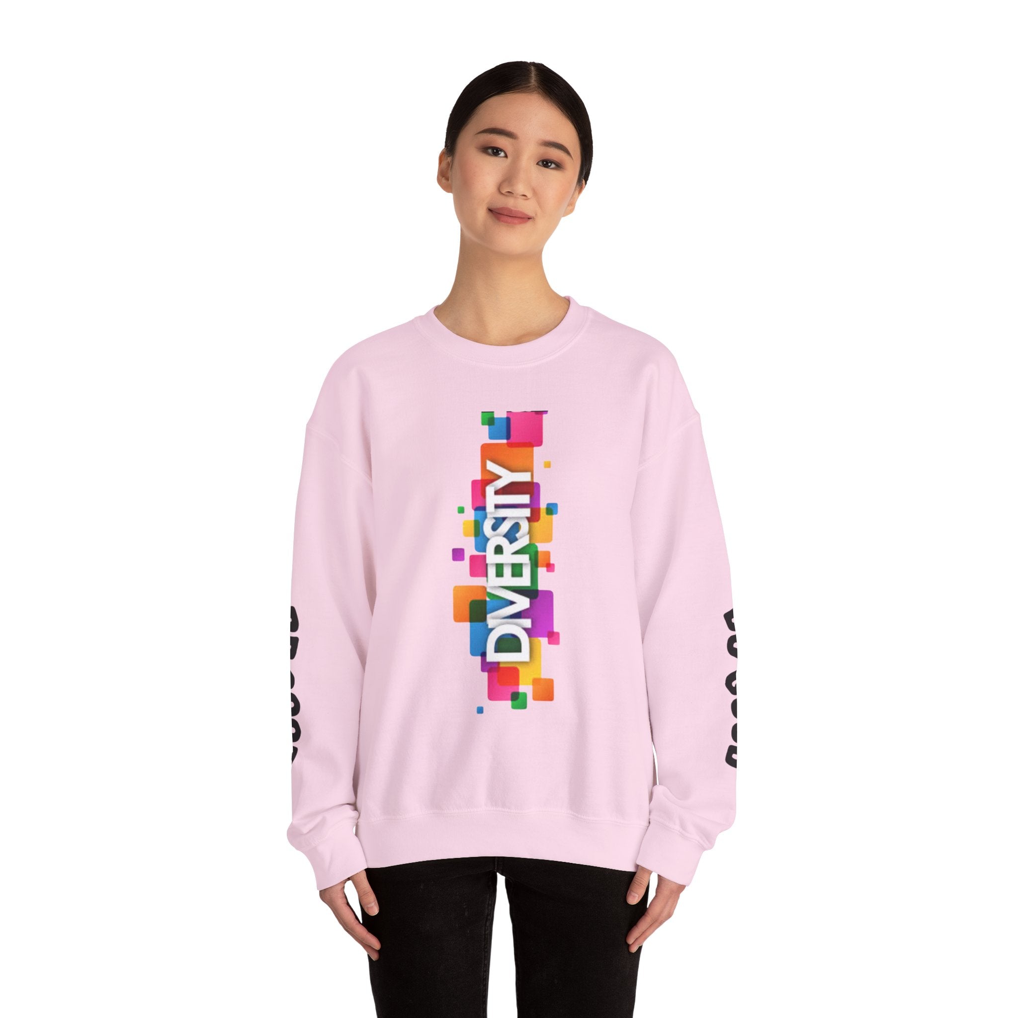 Diversity Crewneck Sweatshirt — Colorful Vertical "DIVERSITY" Pride Graphic