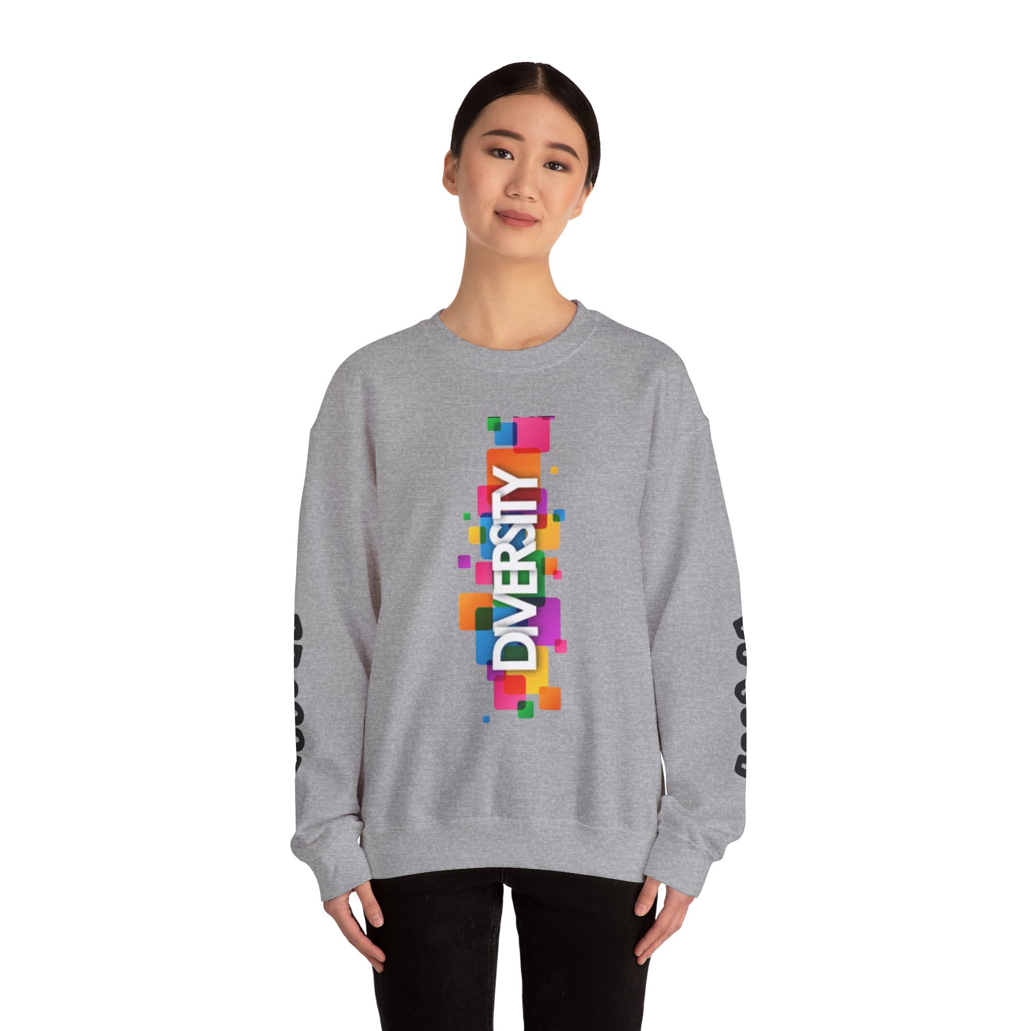 Diversity Crewneck Sweatshirt — Colorful Vertical "DIVERSITY" Pride Graphic