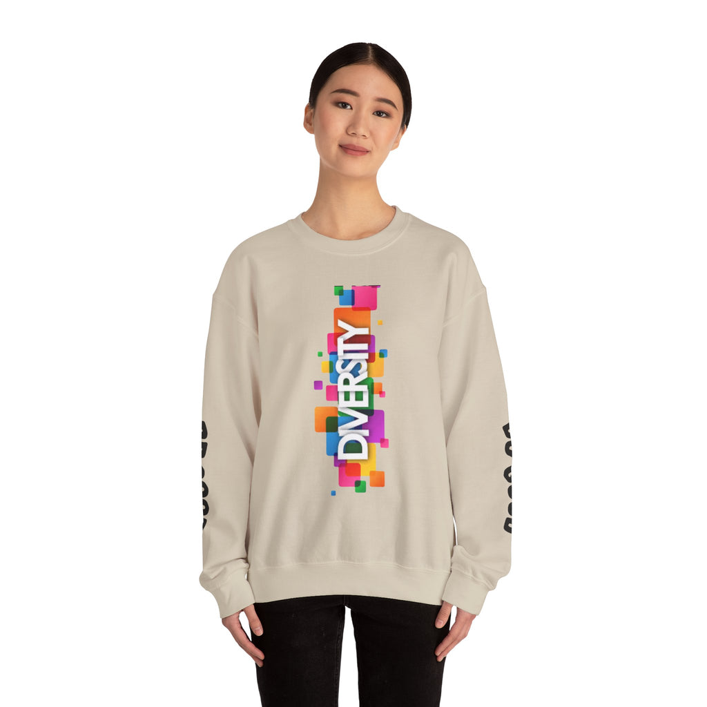 Diversity Crewneck Sweatshirt — Colorful Vertical "DIVERSITY" Pride Graphic