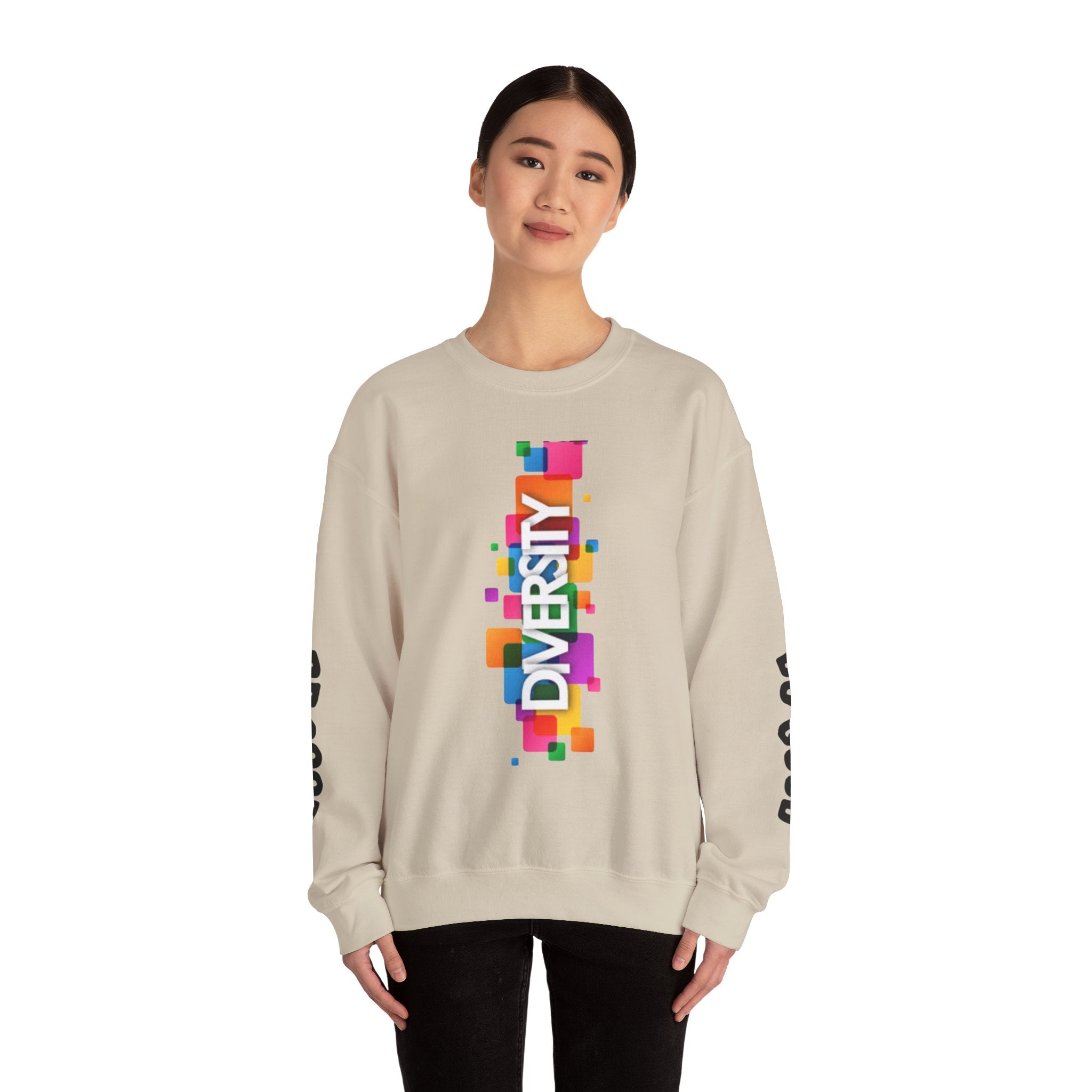 Diversity Crewneck Sweatshirt — Colorful Vertical "DIVERSITY" Pride Graphic